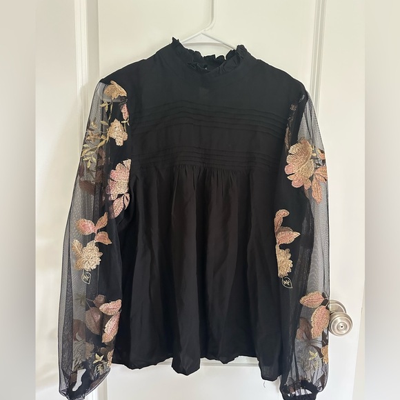 Tops - Black Blouse with Floral Sheer Sleeves